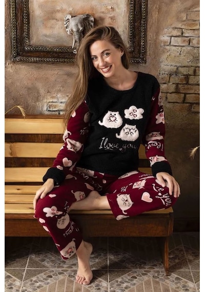Sude K-200-158 Kedi Love Wellsoft Kadın Pijama Takımı Çok Renkli