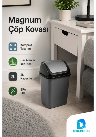 Magnum 2 Litre Sallanır Kapaklı Mini Çöp Kovası Masaüstü Banyo Mutfak Antrasit
