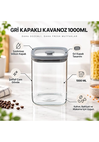 4'lü 1000 Ml Gri Kapaklı Cam Kavanoz Sızdırmaz Saklama Seti Çok Renkli