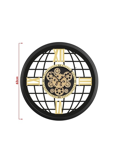 Gearline Serisi 60 Cm Döner Çarklı Mekanizmalı Roma Rakamlı Sessiz Akar Metal Dekoratif Duvar Saati Siyah-gold Diğer