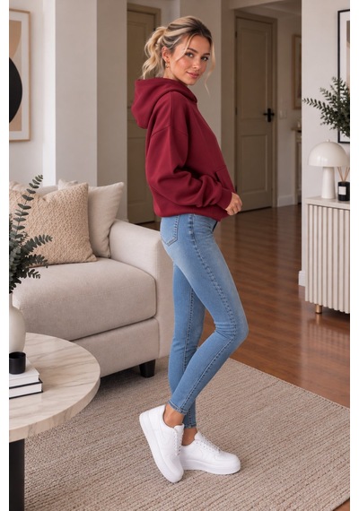 Lima Bordo Kadın Kapüşonlu Oversize Sweatshirt Kanguru Cepli Düz Renk Uzun Kollu Sweat