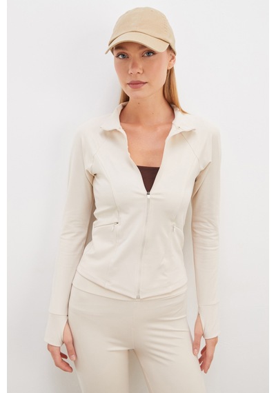 Fullamoda Parmak Geçirmeli Dalgıç Kumaş Slim Fit Ceket Bej
