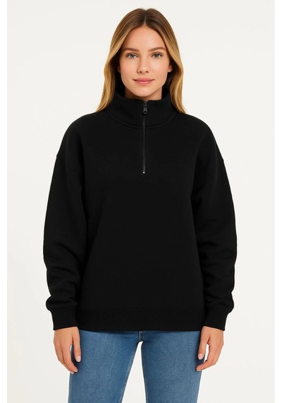 Kadın 3 İplik Pamuklu Dık Yaka Yarım Fermuarlı Sweatshirt - Siyah