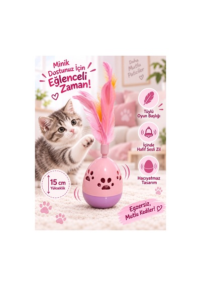 Hacıyatmaz Tüylü Kedi Oyuncağı Zilli Hareketli İnteraktif Oyuncak - Pembe