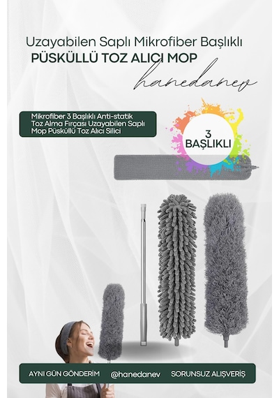 Mikrofiber 3 Başlıklı Anti-statik Toz Alma Fırçası Uzayabilen Saplı Mop Püsküllü Toz Alıcı Silici