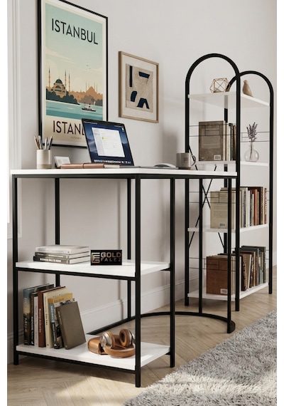 Çalışma Masası Ve Kitaplık Seti Metal Ayaklı, Minimalist Tasarım, Geniş Masa Alanı, Çok Raflı Depolama,modern 125 Beyaz Çalışma Masası Ve Kitaplık Seti Metal Ayaklı, Minimalist Tasarım, Geniş Masa Alanı, Çok Raflı Depolama,modern 125 Beyaz