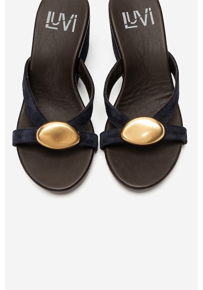 Luvi Shoes Caterına Lacivert Süet Hakiki Deri Tokalı Kadın Dolgu Topuklu Terlik