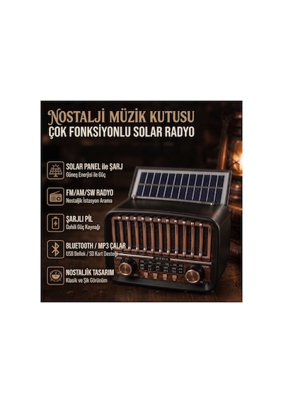 Solar Panelli Fm Radyo - Şarjlı - Bluetooth Özellikli - Aux Girişli - Nostaljik Tasarım Çok Renkli