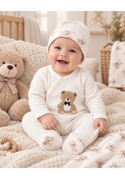 Eray Alp Kids Erkek Bebek Ayıcık Desenli Hastane Çıkışı 10'lu Set Beyaz