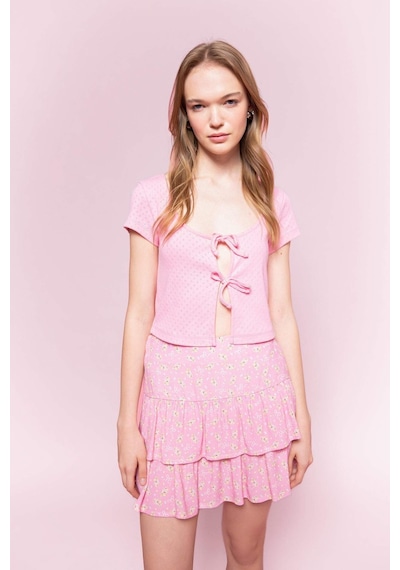 DeFacto Coool Desenli Yüksek Bel Maroken Mini Etek D1363AX24SMPN253 Pembe