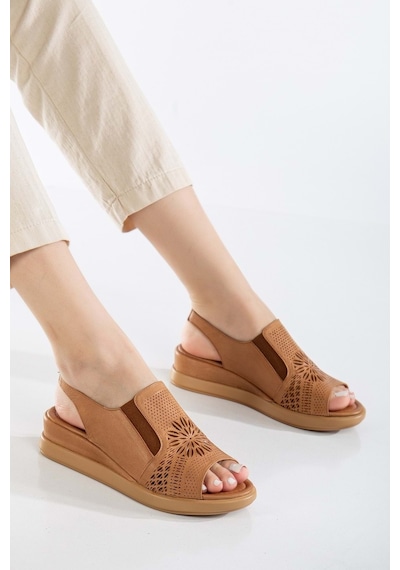 Analin Shoes Kadın Hakiki Deri Lastikli Sandalet Taba