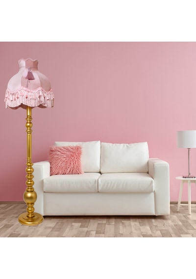 Vintage Ahşap Gold Ayak Pudra Pembe Lambader Püskül Süsleme 170x45cm Lm10422 Pembe