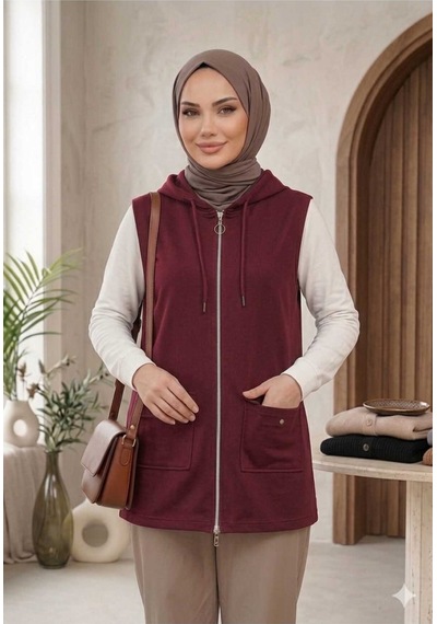 Peka Kadın Kapüşonlu Tesettür Uzun Tunik Yelek Fermuarlı Cepli Pamuklu Kumaş Bordo Bordo