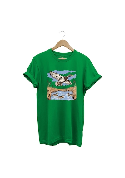 Hunting Avcılık Ördek Avı Sazlık Göl Baskılı %100 Pamuk Regular Fit Unisex T-shirt Yeşil