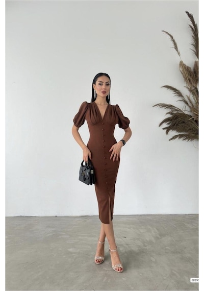 DefyModa Kadın Trend Model Krep Kumaş V Yaka Kısa Kollu Abiye Elbise Kahverengi