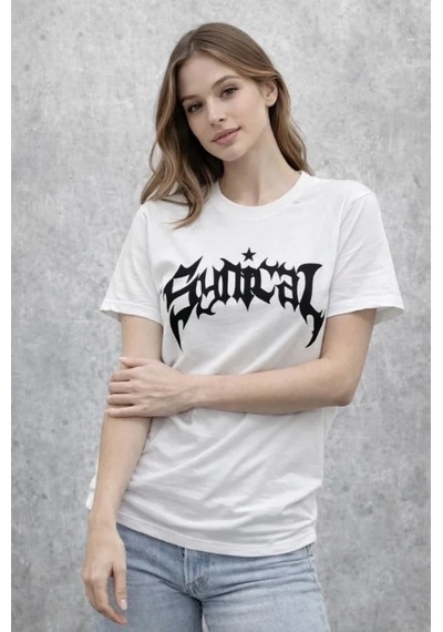Bisiklet Yaka Ön Baskılı Kısa Kollu Tişört Streetwear Günlük Basic Pamuklu T-shirt - Beyaz Beyaz