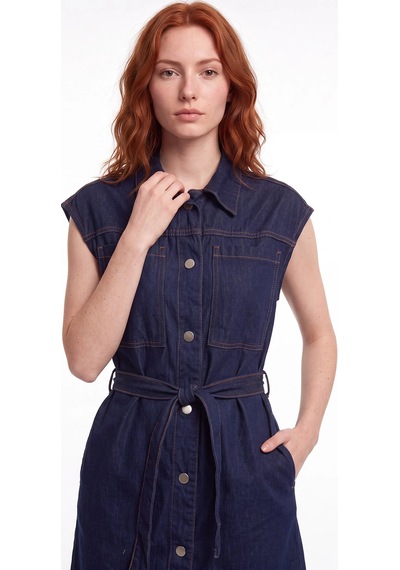 CEMO Kadın Kemerli Denim Mini Gömlek Elbise Lacivert
