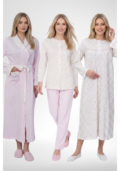 Mecit Pijama Mecit 6386 Pembe Büyük Beden Kadın Sabahlık Pijama Gecelik Set