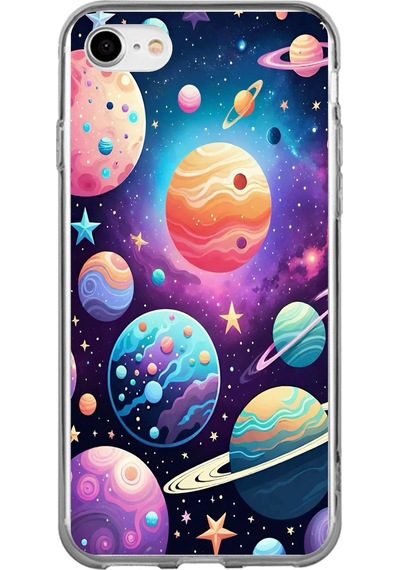 Apple Uyumlu iPhone 6 - 6s  Uzay, Gezegen Ve Yıldız Desenli Baskılı Silikon Kılıf Renkli