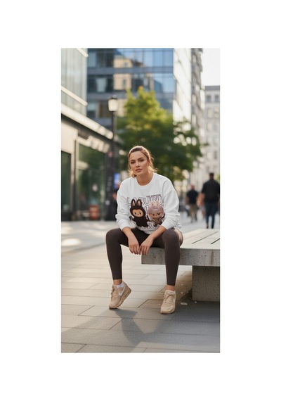 The Kadın Soft Touch Ayıcık Desenli %100 Pamuk Sweatshirt - Casual Fit- Krem/pembe Krem