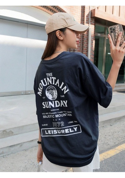 Flood Of Style Kadın Lacivert Mountaın Oversize Bisiklet Yaka Tshirt