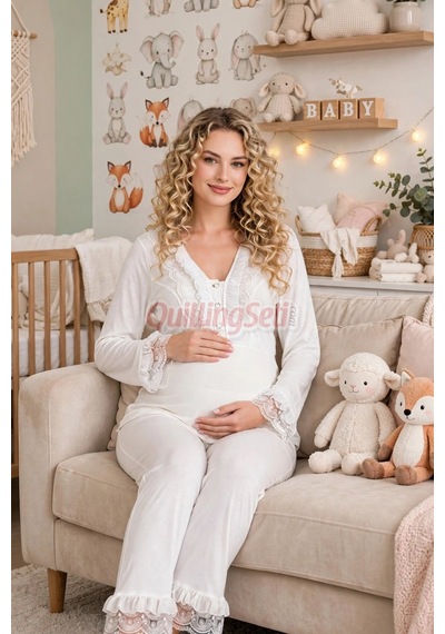 Lady Ekru Renkli Dantel Detaylı 33208 Uzun Kol 2 Parça Lohusa Hamile Pijama Takımı