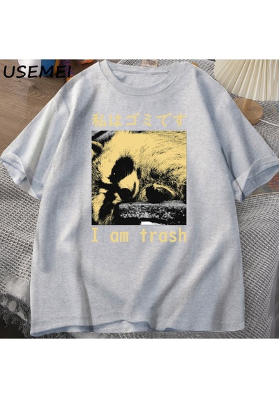 Flood Of Style Ben Çöp Japon Rakun Baskı T-shirt Harajuku Vintage Yüksek Kalite Pamuk Kısa Kollu Tişört Erke Gri