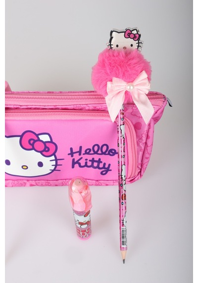 X Dekomus "heart Key Collection" Hello Kitty Lisanslı Kalem Çantası ,kurdele Tepeli Kurşun Kalem,roket Silgi Ve Kalem Seti Açık Gri