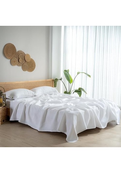 Waffle Desenli Pike Yatak Örtüsü Beyaz, Tek Kişilik Pike 160x230 Cm, 100% Pamuk, Hafif 4 Mevsim Kullanım Açik Gri