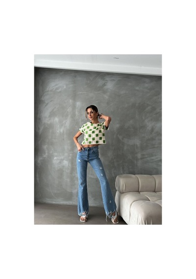 Verymoda Kısa Kollu Dama Desen Tiğişi Bluz D2619 Ham Zümrüt