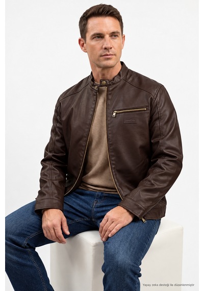Jack & Jones Erkek Fermuarlı Koyu Kahverengi Deri Ceket-12301595