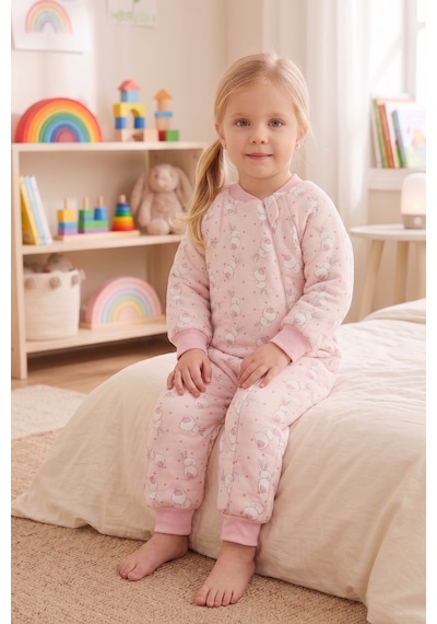 Babymod Tavşan Desenli 2,5 Tog Elyaf Dolgulu Premium Kalite 100% Pamuk Penye Astarlı Çocuk Uyku Tulumu Pembe