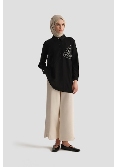 Armine Trend Gömlek Yaka Çiçek Desenli Tunik Siyah 26yt464