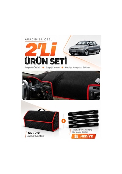Fıat Albea 2005-2012 Uyumlu Torpido Örtüsü + Tay Tüyü Bagaj Çantası + Sticker Seti - Siyah Kırmızı