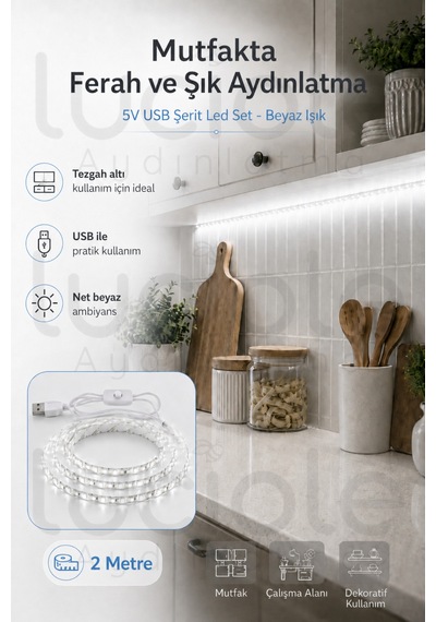 5v Usb Şerit Led 2 Metre Beyaz Işık Anahtarlı Powerbank Uyumlu Dolap Altı Tv Masa Led