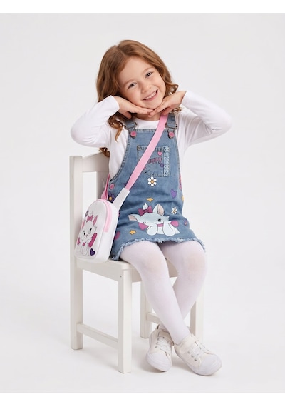 Nota Kids Kız Çocuk Kedi Baskılı Kot Jile Elbise Çantalı Denim Askılı Günlük Elbise 3-8yaş Mavi