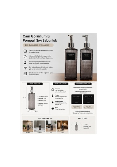 Premium Dokulu Cam Sıvı Sabunluk 500ml - 23 X 7 X 7 Cm Gri
