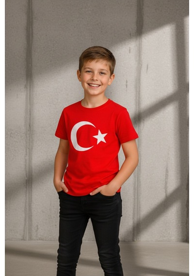 Parti Selesi Unisex 3 Adet Çocuk Bayrak Baskılı Kısa Kollu T-shirt Kırmızı