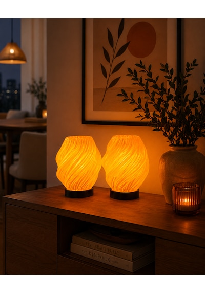 2 Adet Spiral Kablosuz Masa Lambası 11 X 13 Cm Tealight Led Işık Hediyeli Turuncu