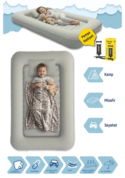 Livenzi Nature Çocuk Şişme Yatak & Yastık + Manuel Şişirme Pompası 160 105 24 Cm Bej