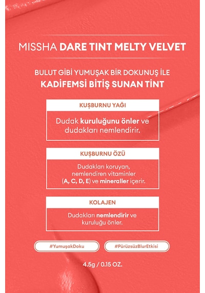 Uzun Süre Kalıcı Bulaşma Yapmayan Kadifemsi Bitiş Sunan Tint Dare Tint Melty Velvet Roselicious 0
