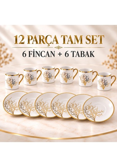 Tr 12 Parça 6 Kişilik 80 Ml Türk Kahvesi Fincan Takımı Gold Detaylı Ağaç Desenli K654-a Genel