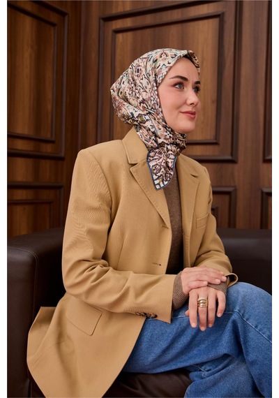 Silk Home Twill İpek Eşarp Petrol Yeşili Krem Desenli Tok Duruşlu Kaymaz 90x90 Çok Renkli
