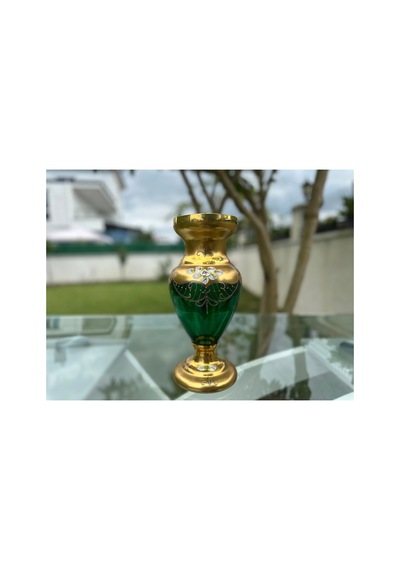 Bohemia Glass El Yapımı Zümrüt Yeşili Altın Varaklı Ve Çiçek Motifli Koleksiyonluk Kristal Vazo Altın Altın