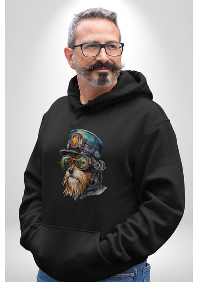 Tren Sürücüsü Gözlüklü Yorkshire Kadın Erkek Siyah Kapüşonlu Sweatshirt Hoodie Siyah