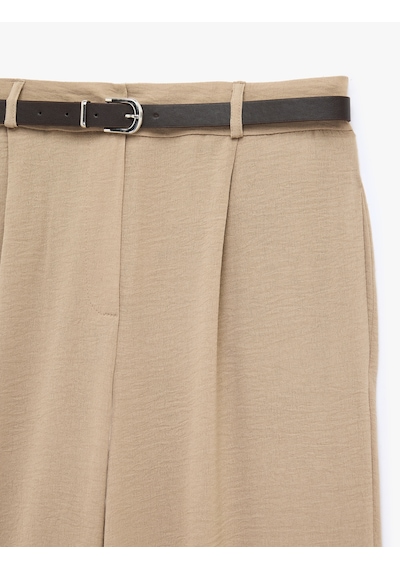 Koton Keten Görünümlü Straight Fit Cepli Kemerli Geniş Paça Palazzo Pantolon Vizon 6sak40383pw Taba
