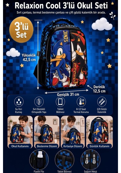 Sonic Shadow Çift Bölmeli Okul Çantası 42,5 Cm Su İtici Tablet Bölmeli Ergonomik Sırt Destekli Desenli