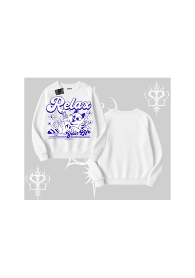Tarzsokak Relax Kedi Baskılı Biskilet Sweatshirt Beyaz
