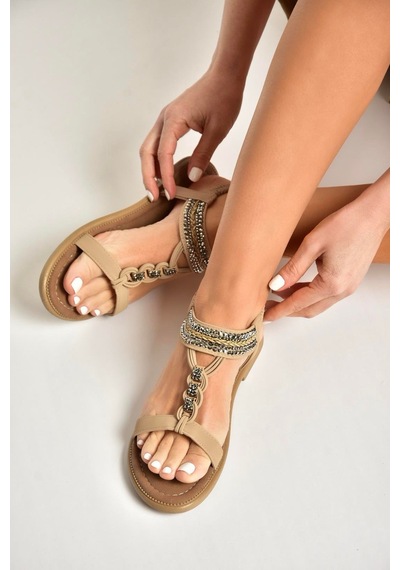 Fox Shoes Y274601309 Ten Düz Tabanlı Taş Detaylı Kadın Sandalet Ten