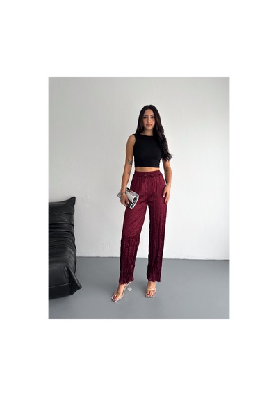 Gugus Kadın Saten Pantolon Trend Wide Leg Model Bordo